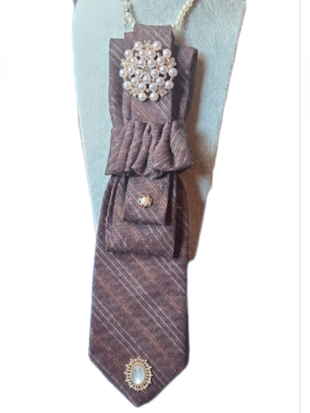 3/$60 Brown Striped Statement Cravat with Pearl Brooches